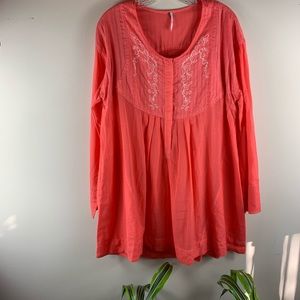 Free People Coral Embroidered Long Sleeve Tunic